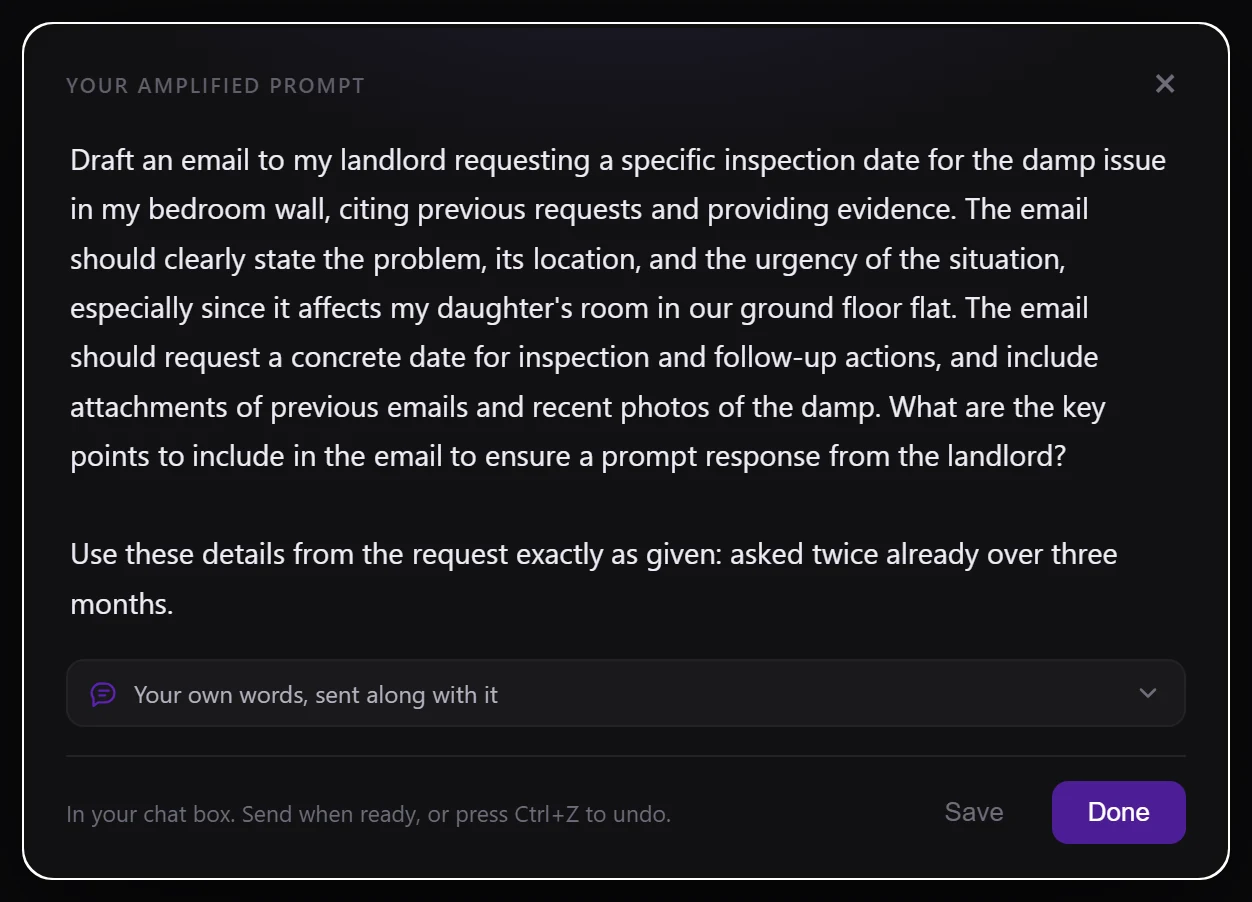 The finished prompt appearing in the chat box with a note of what changed